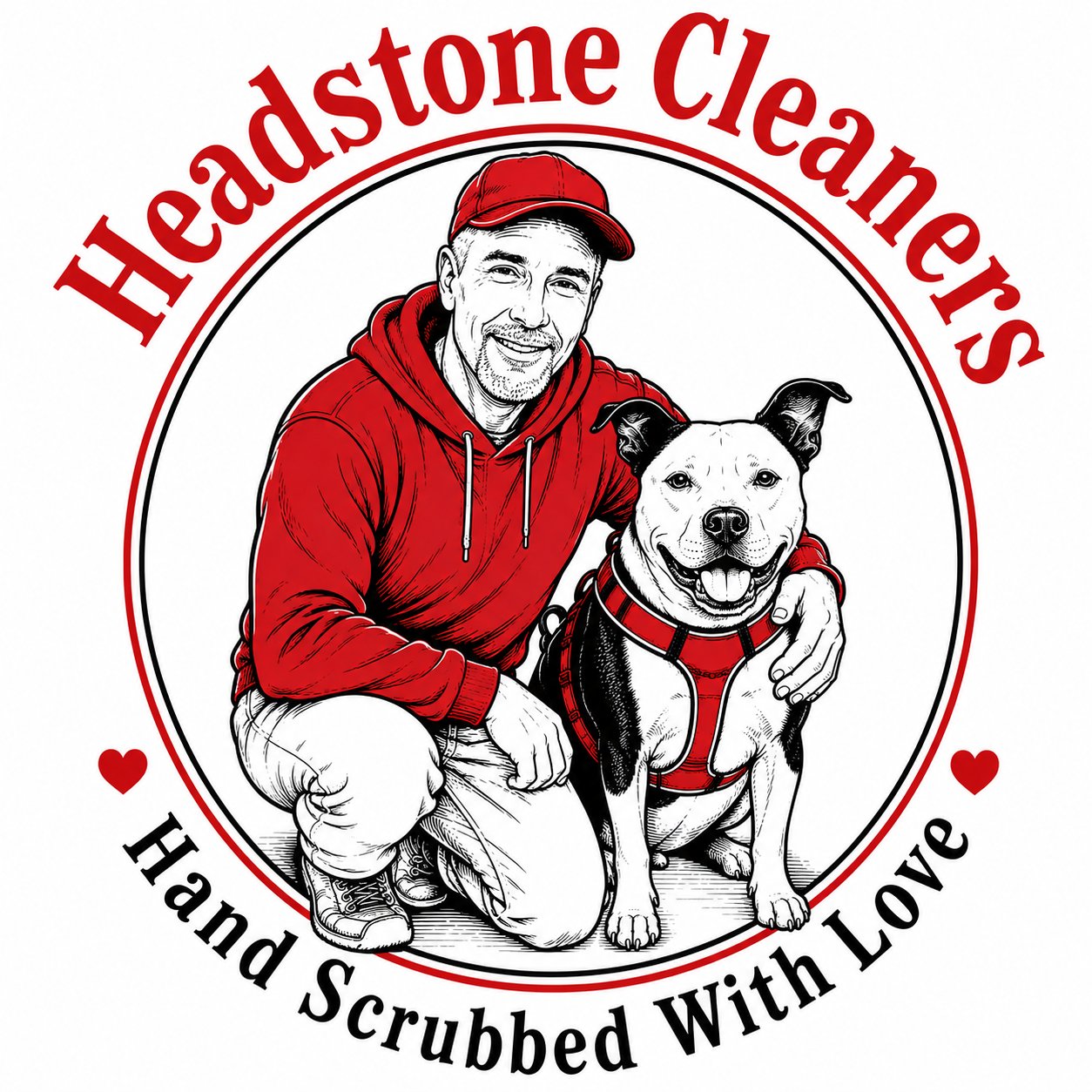 Headstone Cleaners — hand-drawn badge of a man and his dog
